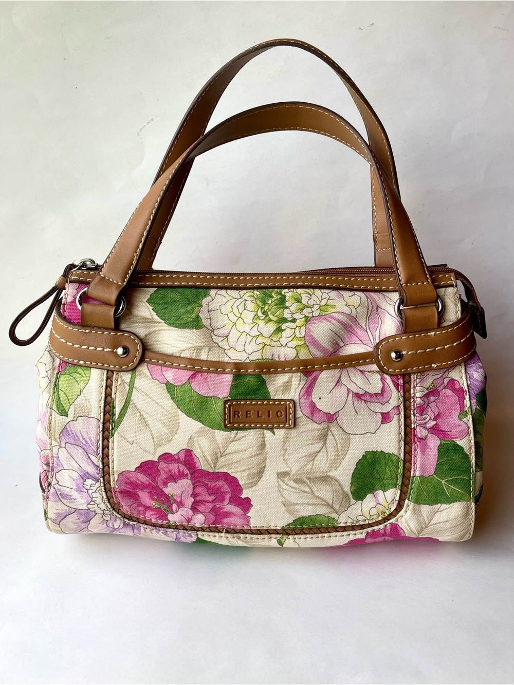 Relic Floral Canvas Handbag in Pink, Green and Tan